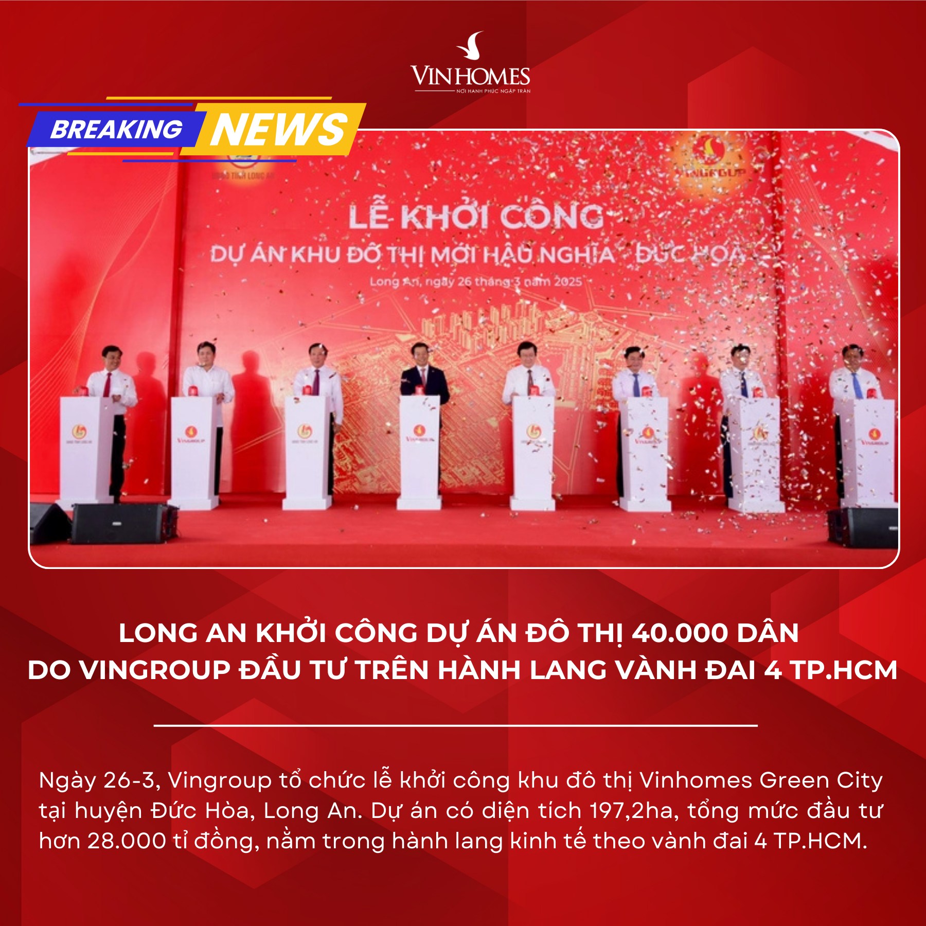 Long An khởi công dự án đô thị 40.000 dân do Vingroup đầu tư trên hành lang vành đai 4 TP.HCM