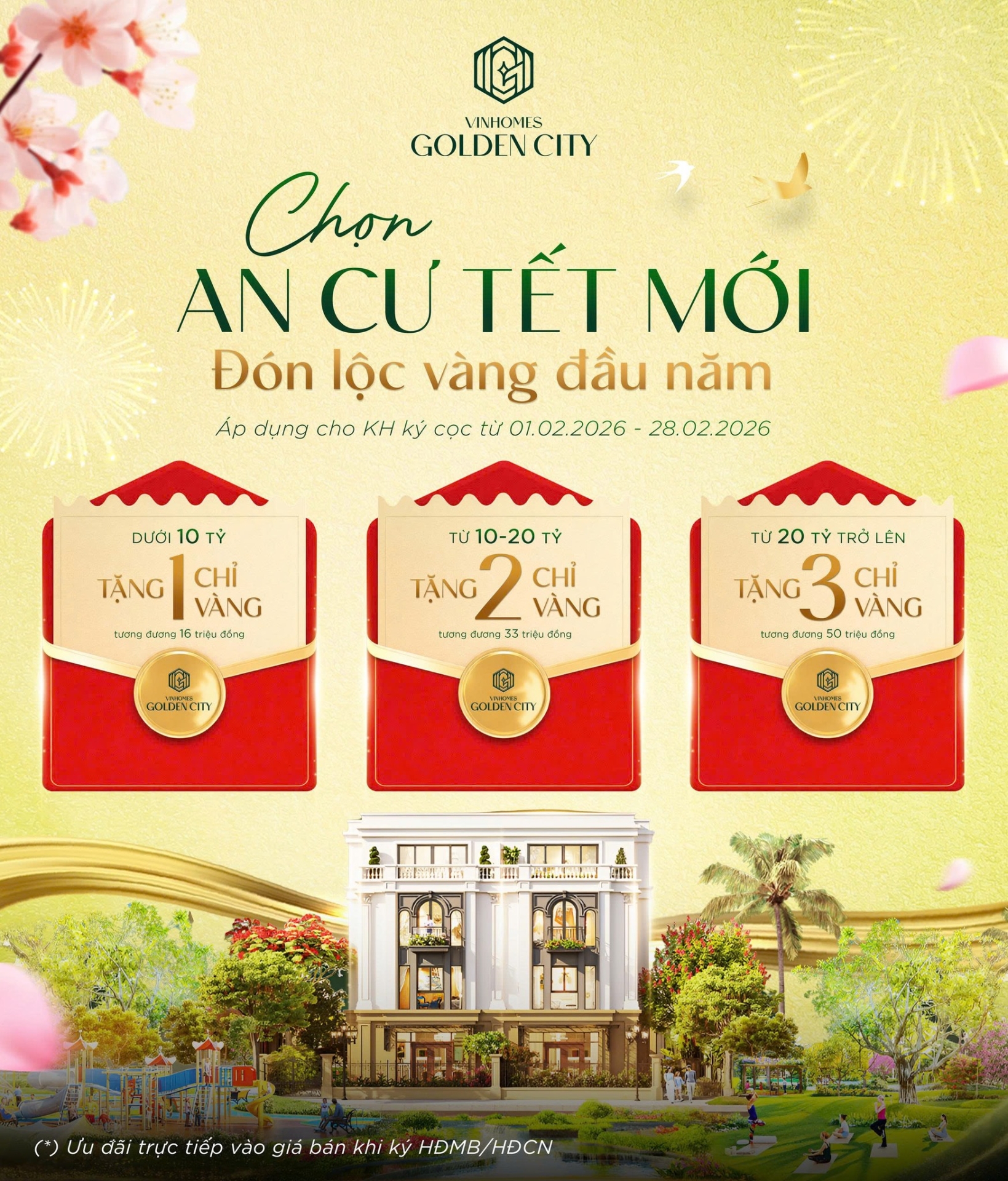 [Bất Động Sản 68 - batdongsan68.vn] Vinhomes Golden City - Vinhomes Dương Kinh: Khai xu&acirc;n như &yacute;, đ&oacute;n vận thế mới tại tọa độ sống đẳng cấp bậc nhất Hải Ph&ograve;ng! Vinhomes Golden City d&agrave;nh tặng ưu đ&atilde;i "si&ecirc;u lộc v&agrave;ng đầu năm" dịp Tết B&iacute;nh Ngọ, trừ trực tiếp v&agrave;o gi&aacute; b&aacute;n khi k&yacute; HĐMB/HĐCN, &aacute;p dụng duy nhất từ 01/02/2026 - 28/02/2026. Dọn về ở sớm v&agrave; nhận th&ecirc;m l&igrave; x&igrave; b&ecirc;n cạnh loạt c&aacute;c ưu đ&atilde;i hấp dẫn để sở hữu BST di sản cuối c&ugrave;ng tại Vinhomes Golden City.