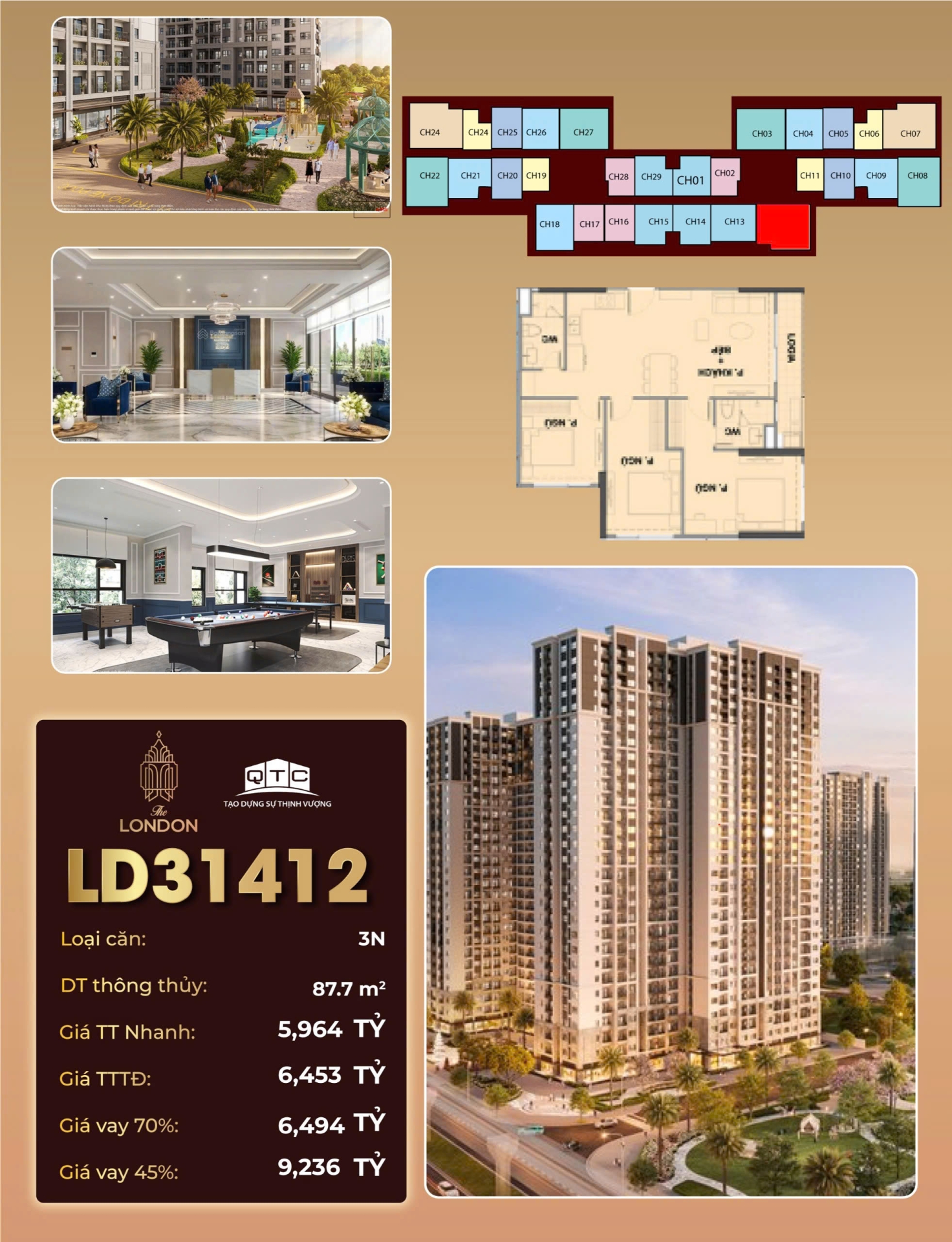 LD31412, Căn hộ 3PN, Tòa LD3, Phân khu The London, Vinhomes Ocean Park