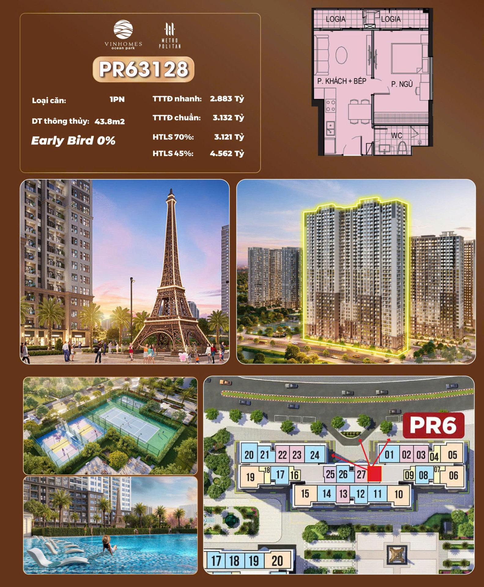 PR63128, Căn hộ 1PN, Tòa PR6, Phân khu The Paris, Vinhomes Ocean Park