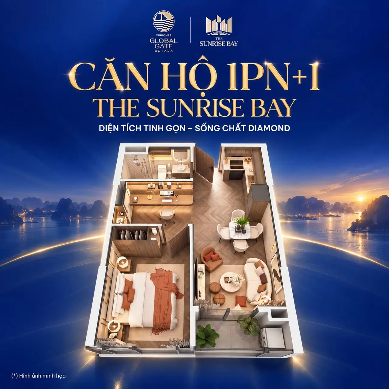 Căn hộ 1PN+1 The Sunrise Bay diện tích tinh gọn - Sống chất Diamond