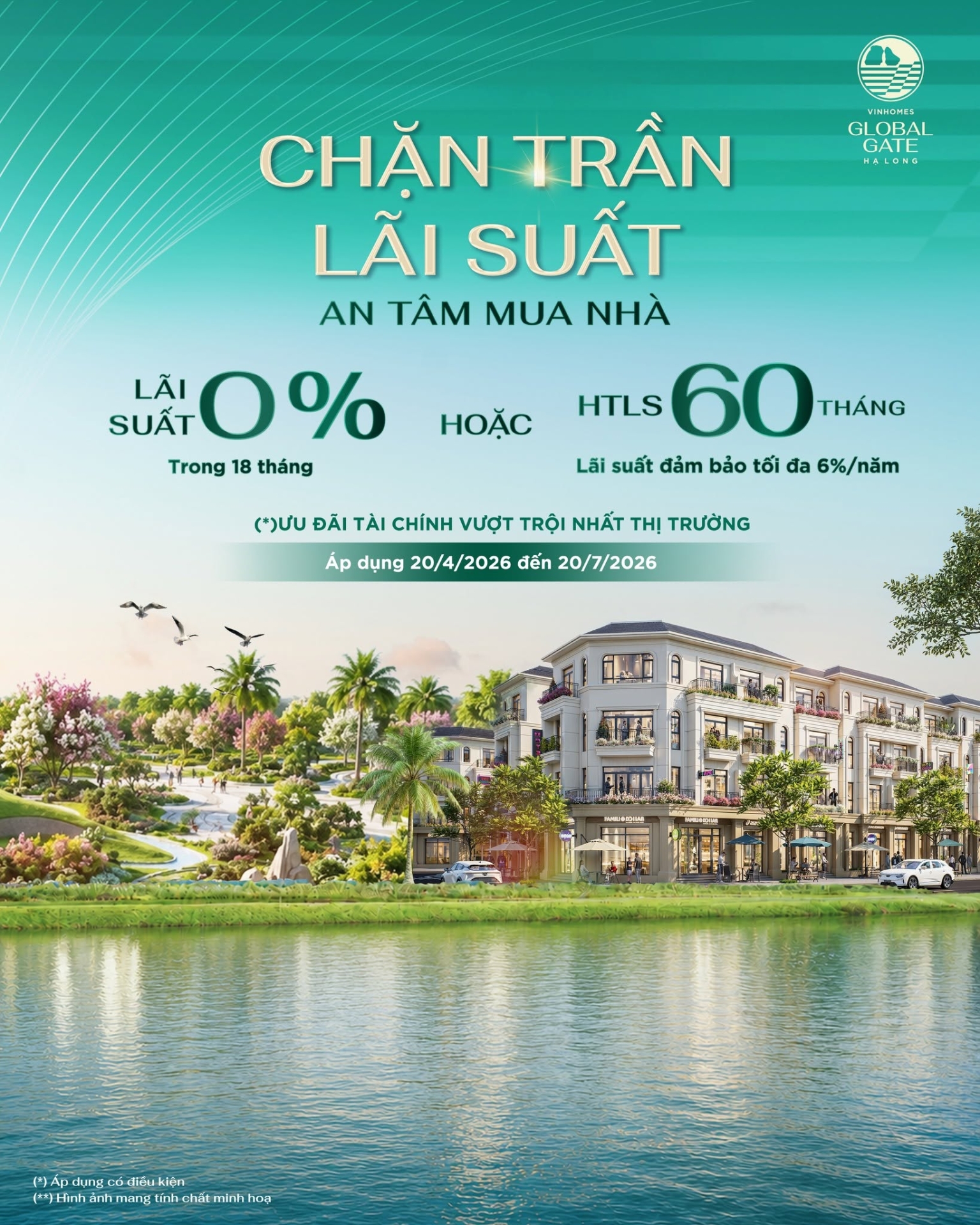 Trong đầu tư bất động sản, lợi thế kh&ocirc;ng chỉ đến từ việc chọn đ&uacute;ng sản phẩm m&agrave; c&ograve;n đến từ việc sở hữu đ&uacute;ng thời điểm với ch&iacute;nh s&aacute;ch t&agrave;i ch&iacute;nh tối ưu. Tại Vinhomes Global Gate Hạ Long, kh&aacute;ch h&agrave;ng được lựa chọn: Hỗ trợ l&atilde;i suất 0% trong 18 th&aacute;ng - Hoặc hỗ trợ l&atilde;i suất l&ecirc;n tới 60 th&aacute;ng với mức l&atilde;i suất đảm bảo tối đa 6%/năm.