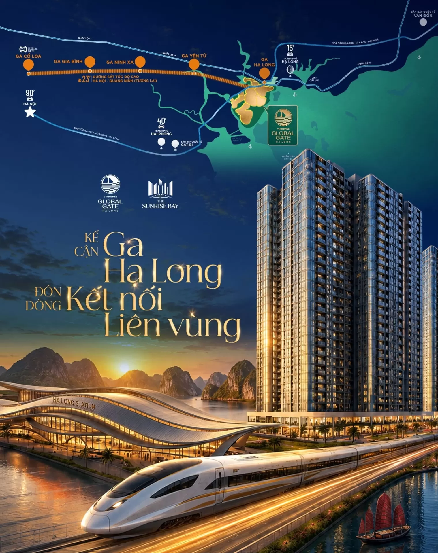 Kh&aacute;m ph&aacute; The Sunrise Bay với quần thể căn hộ Diamond đẳng cấp tại cửa ng&otilde; Vinhomes Global Gate Hạ Long, đ&oacute;n d&ograve;ng giao thương phồn hoa b&ecirc;n Vịnh Di sản.
