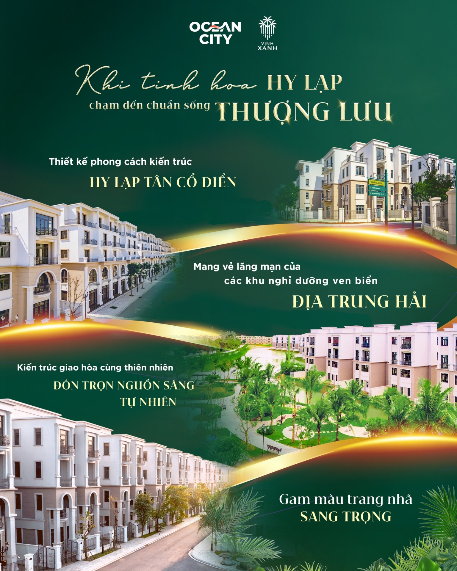 [Bất Động Sản 68 - batdongsan68.vn] Vinhomes Ocean Park 2 - Vinhomes Ocean Park 3:  Tại Vịnh Xanh, kiến trúc không chỉ là hình khối – đó là cảm xúc được tạo tác bằng ánh sáng, gió và tinh thần Địa Trung Hải phóng khoáng. Giữa những khoảng xanh mướt mắt, những căn biệt thự mang hơi thở Hy Lạp hiện lên như các tuyệt tác vượt thời gian: thanh lịch, tinh giản, và toát lên phong thái của một cuộc sống nghỉ dưỡng chuẩn mực.