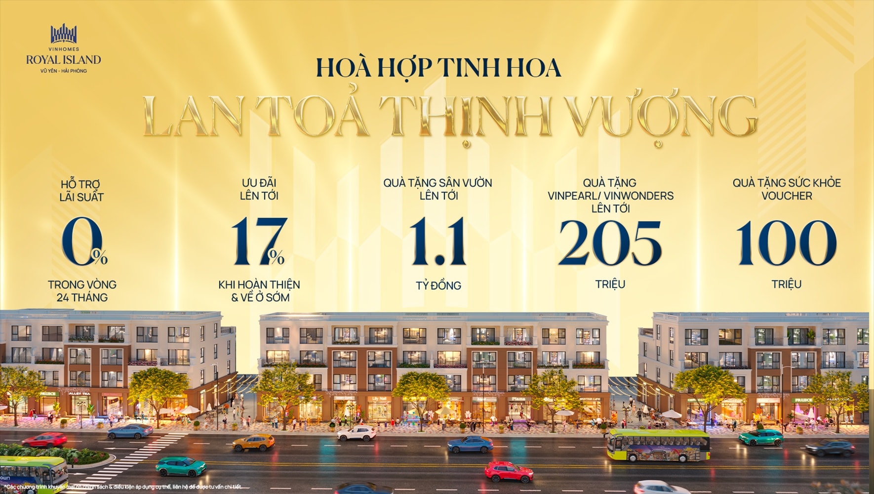 Ưu đ&atilde;i 10.5% khi chọn thanh to&aacute;n sớm. Ưu đ&atilde;i 3% khi chọn thanh to&aacute;n theo tiến độ thường. Hỗ trợ l&atilde;i suất l&ecirc;n tới 36 th&aacute;ng Chương tr&igrave;nh &ldquo;Nhận nh&agrave; sang &ndash; Về ở sớm&rdquo; ưu đ&atilde;i 17% gi&aacute; b&aacute;n. Chương tr&igrave;nh cho Quỹ Căn ho&agrave;n thiện ưu đ&atilde;i 19% gi&aacute; b&aacute;n. Ưu đ&atilde;i l&ecirc;n đến 1.7% cho th&agrave;nh vi&ecirc;n VinClub . Chương tr&igrave;nh Qu&agrave; tặng S&acirc;n vườn giảm trừ l&ecirc;n tới 1,1 tỷ đồng. Chương tr&igrave;nh &ldquo;G&oacute;i qu&agrave; tặng Vinpearl/VinWonder&rdquo; trị gi&aacute; l&ecirc;n tới 205 triệu đồng. Chương tr&igrave;nh &ldquo;Qu&agrave; tặng Sức khỏe&rdquo; tặng 1 voucher trị gi&aacute; 100 triệu đồng. Từ ng&agrave;y 04/11/2025 cho đến khi c&oacute; ch&iacute;nh s&aacute;ch mới thay thế.