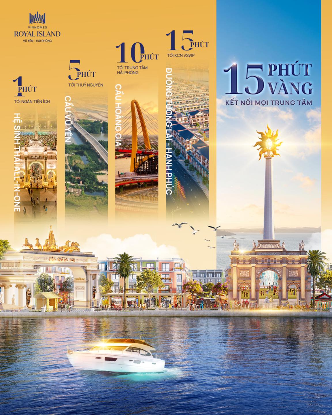 [Bất Động Sản 68 - batdongsan68.vn] Vinhomes Royal Island - Vinhomes Vũ Yên: Phát triển từ mô hình 15 minutes living, Vinhomes Royal Island mở ra những kết nối vàng tới mọi trung tâm: 1 phút tới ngàn tiện ích - 5 phút tới trung tâm Hành chính Thủy Nguyên - 10 phút tới trung tâm Hải Phòng - 15 phút tới khu công nghiệp trọng điểm VSIP.