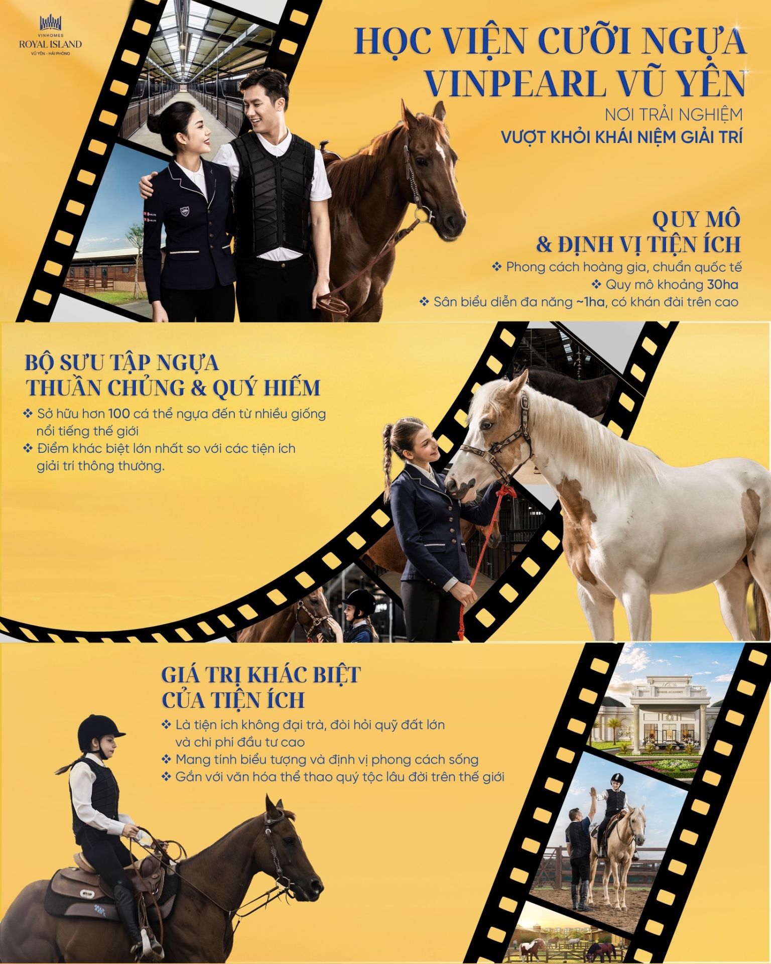 [Bất Động Sản 68 - batdongsan68.vn] Vinhomes Royal Island - Vinhomes Vũ Y&ecirc;n: Tại Vinhomes Royal Island, kh&aacute;i niệm tiện &iacute;ch được n&acirc;ng l&ecirc;n một chuẩn mực ho&agrave;n to&agrave;n kh&aacute;c - kh&ocirc;ng chỉ để sử dụng, m&agrave; để định vị phong c&aacute;ch sống. Học viện cưỡi ngựa theo phong c&aacute;ch Ho&agrave;ng gia ch&iacute;nh l&agrave; một trong những dấu ấn hiếm c&oacute; đ&oacute;, g&oacute;p phần kiến tạo bản sắc ri&ecirc;ng biệt cho &ldquo;Đảo Tỷ Ph&uacute;&rdquo; giữa l&ograve;ng Hải Ph&ograve;ng.