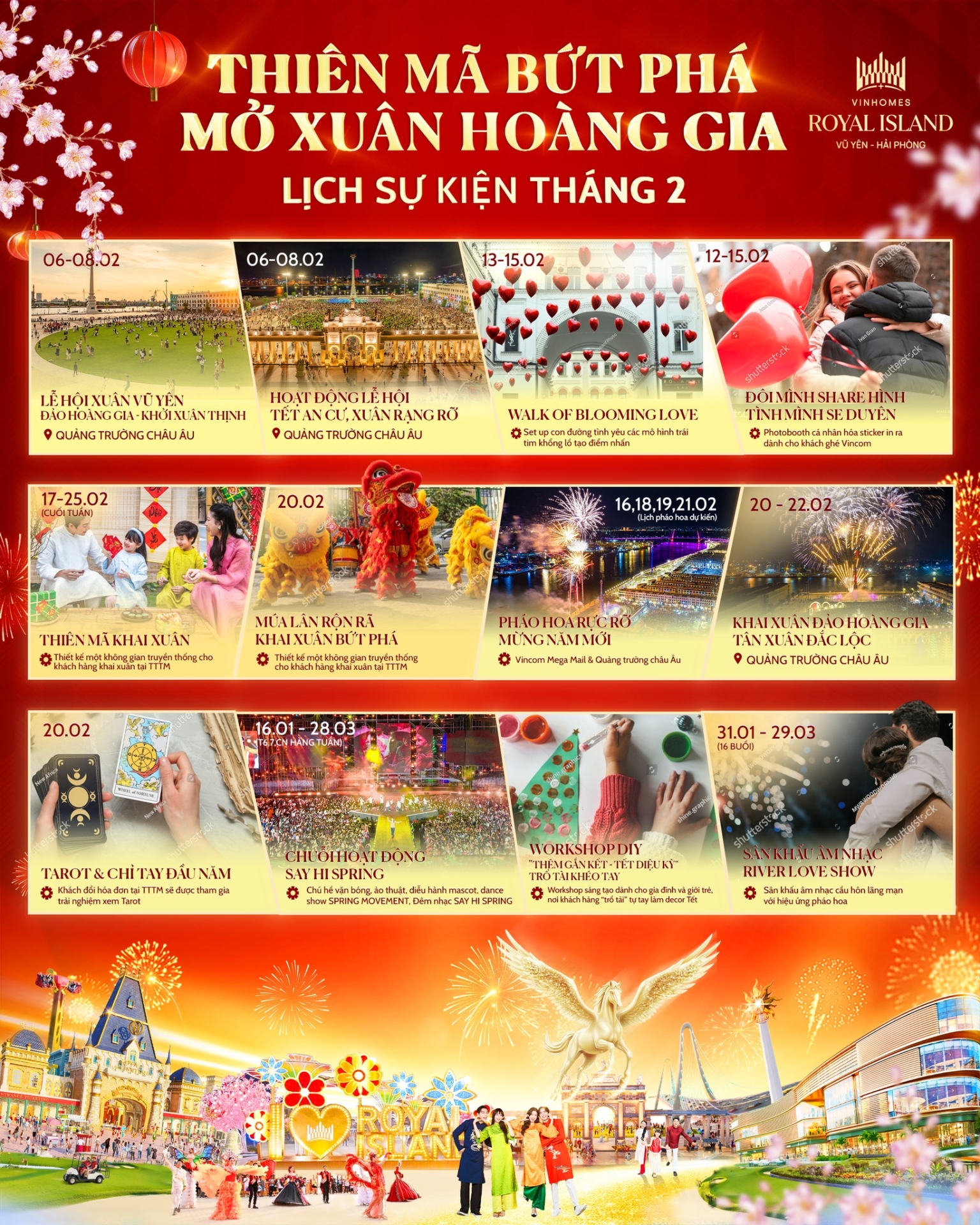 [Bất Động Sản 68 - batdongsan68.vn] Vinhomes Royal Island - Vinhomes Vũ Y&ecirc;n: Năm mới, m&ugrave;a tr&agrave;n ngập lễ hội đang tới, Đảo Ho&agrave;ng Gia ch&iacute;nh thức l&ecirc;n lịch chuỗi sự kiện rộn r&agrave;ng, mở m&agrave;n cho một năm tr&agrave;n ngập niềm vui v&agrave; hạnh ph&uacute;c cho qu&yacute; kh&aacute;ch! Lễ hội Xu&acirc;n Vũ Y&ecirc;n: Đảo Ho&agrave;ng Gia - Khởi xu&acirc;n Thịnh Vượng (06-08.02). Rộn r&agrave;ng với c&aacute;c gian h&agrave;ng hội chợ Tết đặc sản v&ugrave;ng miền, hoa c&acirc;y cảnh, thời trang, ẩm thực. Khu trải nghiệm văn ho&aacute; d&acirc;n gian, khu tr&ograve; chơi truyền thống, Show &Acirc;m nhạc Mừng Xu&acirc;n v&agrave; bắn ph&aacute;o hoa.