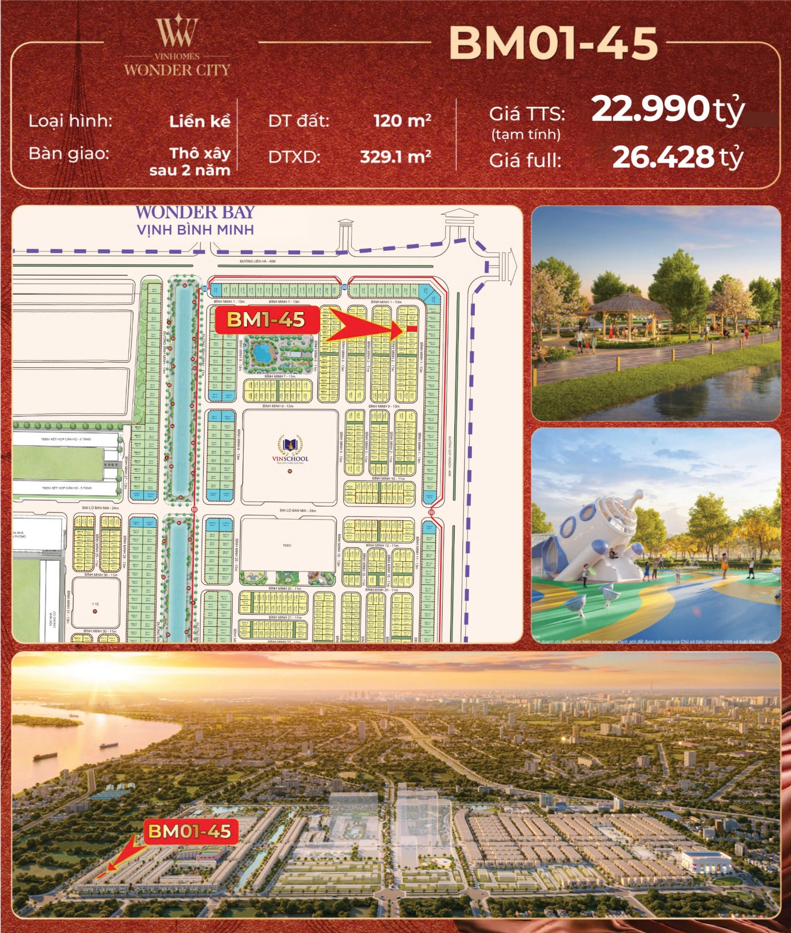 BM01-45, Liền kề, Bàn giao Thô xây sau 2 năm, Hướng Đông Bắc, Phân khu Bình Minh, Vinhomes Wonder City