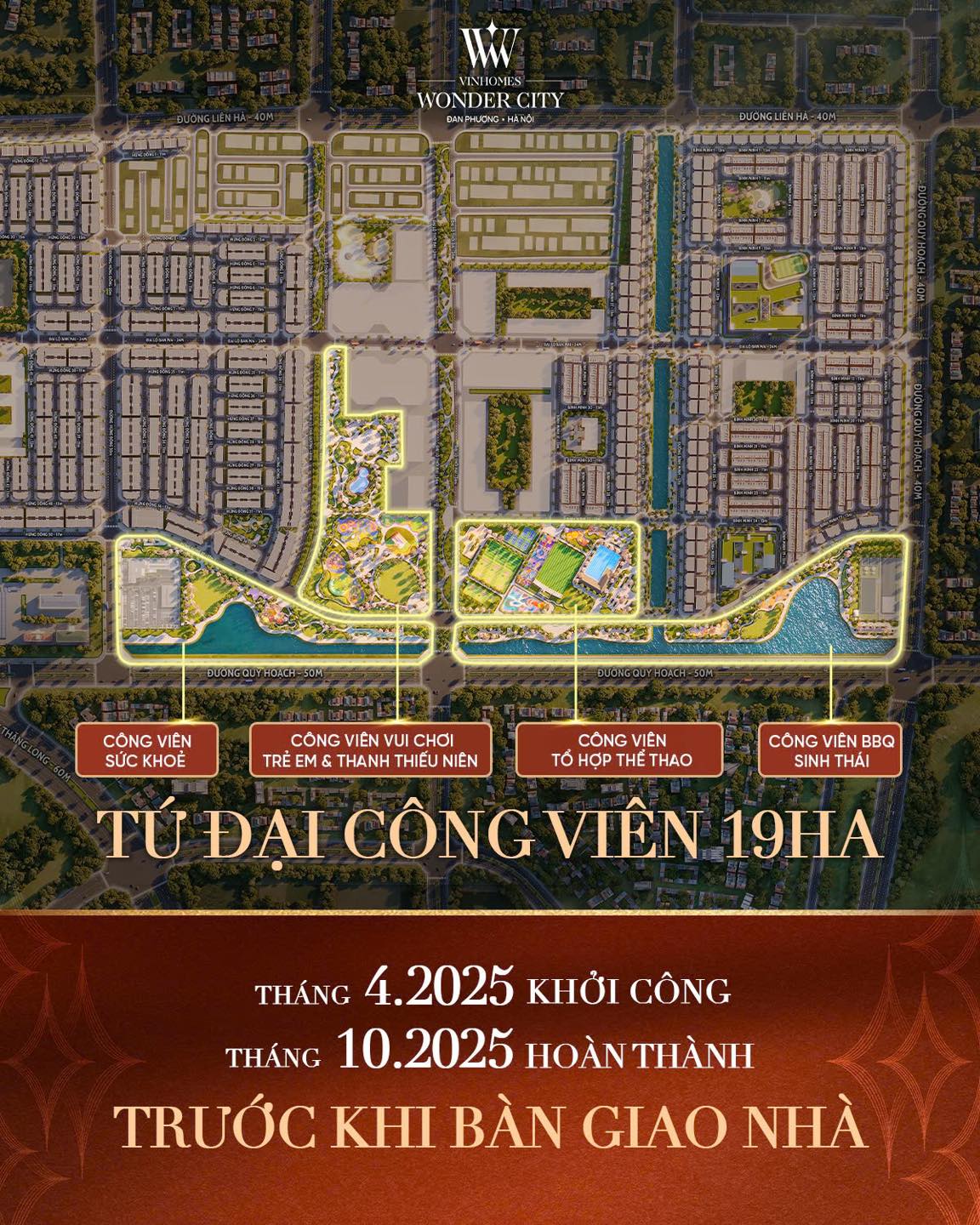 Tháng 4 khởi công - Tháng 10 hoàn thành; Tứ đại công viên 19ha - Kiệt tác sắp thành hình