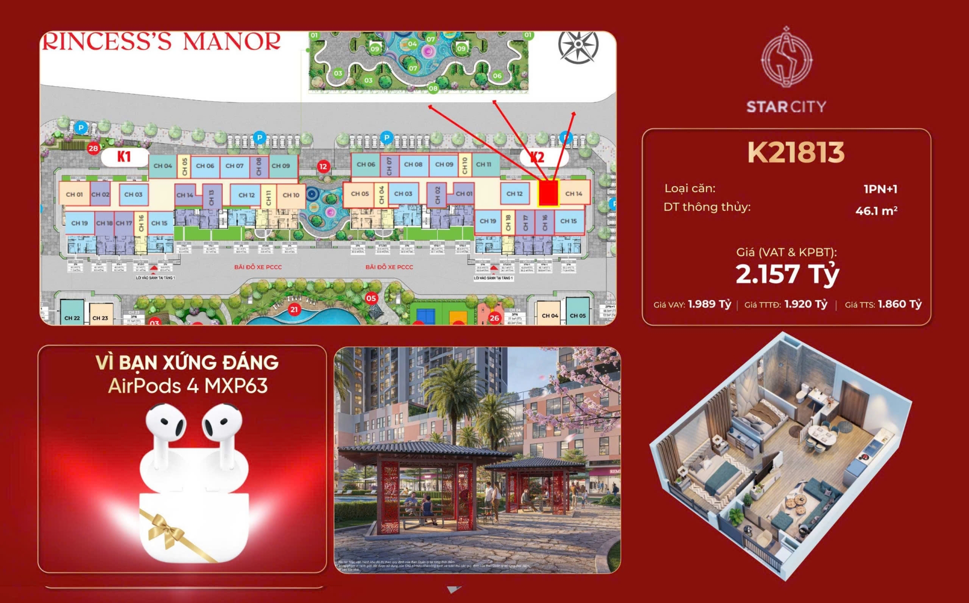 K21813, Căn hộ 1PN+1, Bàn giao tiêu chuẩn Ruby+, Tòa K2, Phân khu KYOTO, Vinhomes Star City