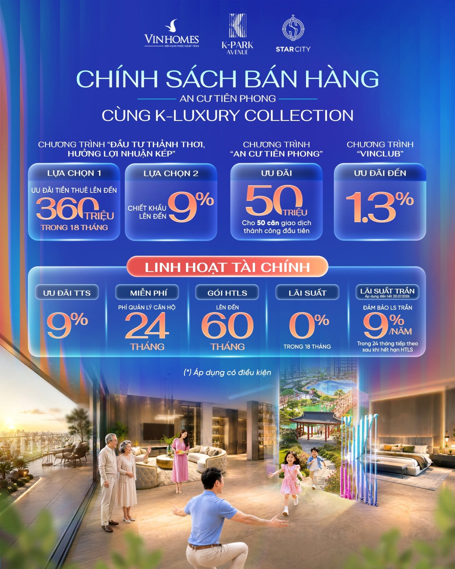 An cư tiên phong cùng K-Luxury Collection. Siêu chính sách tốt nhất Thanh Hoá - Sẵn sàng nhận nhà Quý I/2027. K-Park Avenue dự kiến cất nóc tháng 08/2026 và bàn giao căn hộ vào Quý I/2027. Đây là thời điểm thuận lợi để khách hàng sở hữu khi dự án đang dần hiện hữu, chính sách hấp dẫn nhất thị trường và thời gian chờ nhận nhà chỉ còn tính bằng tháng.