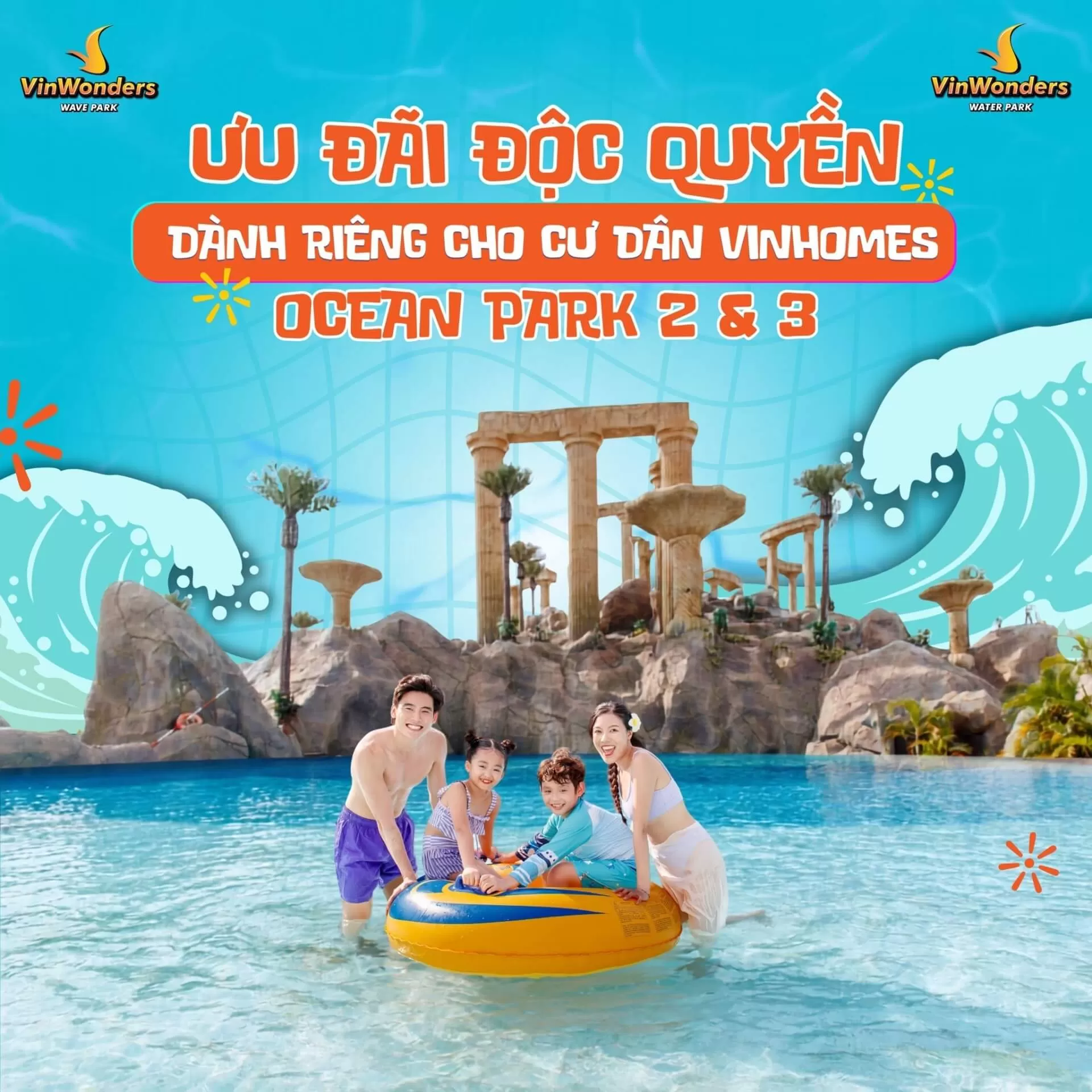 Tặng vé miễn phí - Ưu đãi đến 70% cho cư dân Vinhomes tại VinWonders Wave Park & Water Park
