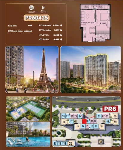 PR60425, Căn hộ 1PN, Tòa PR6, Phân khu The Paris, Vinhomes Ocean Park