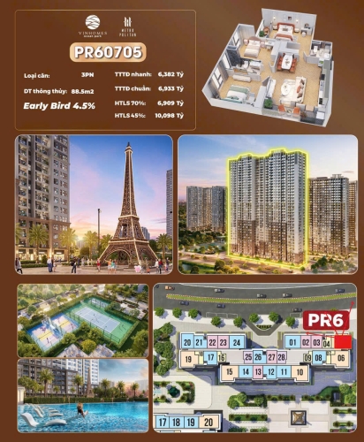PR60705, Căn hộ 3PN, Tòa PR6, Phân khu The Paris, Vinhomes Ocean Park