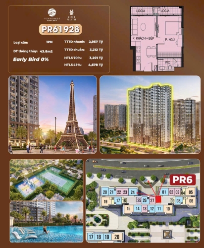 PR61928, Căn hộ 1PN, Tòa PR6, Phân khu The Paris, Vinhomes Ocean Park