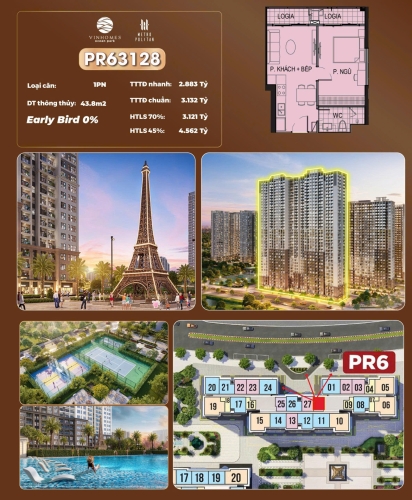 PR63128, Căn hộ 1PN, Tòa PR6, Phân khu The Paris, Vinhomes Ocean Park