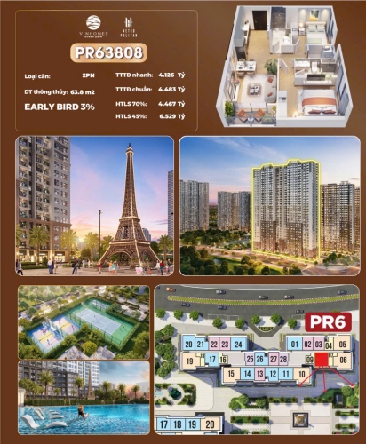 PR63808, Căn hộ 2PN, Tòa PR6, Phân khu The Paris, Vinhomes Ocean Park