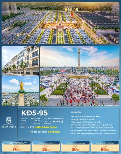 KĐ5-95, Shophouse, Thô không thang, Hướng Tây Nam, Phân khu Kinh Đô Ánh Sáng, Vinhomes Ocean Park 2