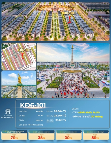 KĐ6-101, Song Lập Shop, Thô không thang, Hướng Tây Nam, Phân khu Kinh Đô Ánh Sáng, Vinhomes Ocean Park 2