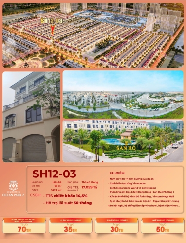 SH12-03, Liền kề, Thô có thang, Hướng Đông Nam, Phân khu San Hô, Vinhomes Ocean Park 2