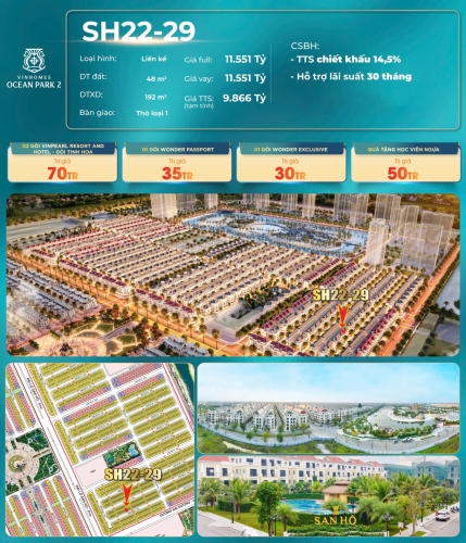 SH22-29, Liền kề, Thô Loại 1, Hướng Đông Nam, Phân khu San Hô, Vinhomes Ocean Park 2