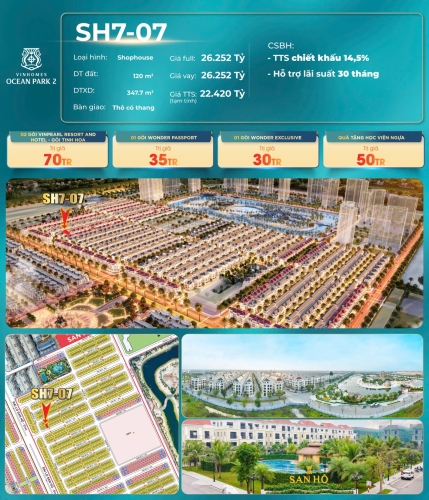 SH7-07, Shophouse xẻ khe, Thô có thang, Hướng Đông Nam, Phân khu San Hô, Vinhomes Ocean Park 2