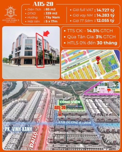 AD5-20, Liền kề, Bàn giao Thô, Hướng Tây Nam, Phân khu Ánh Dương, Vinhomes Ocean Park 3