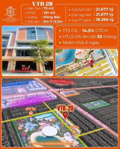 VTĐ-20, Liền kề, Bàn giao Thô, Hướng Đông Bắc, Phân khu Vịnh Thiên Đường, Vinhomes Ocean Park 3