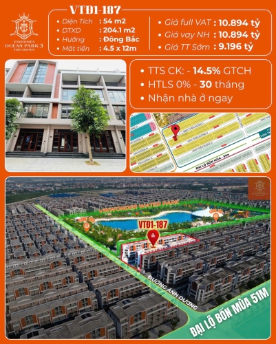 VTĐ1-187, Liền kề, Bàn giao Thô, Hướng Đông Bắc, Phân khu Vịnh Thiên Đường, Vinhomes Ocean Park 3
