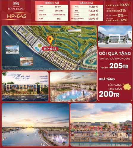 HP-645, Liền kề Shop, Bàn giao Thô, Hướng Tây Nam, Phân khu Golf Land, Vinhomes Royal Island