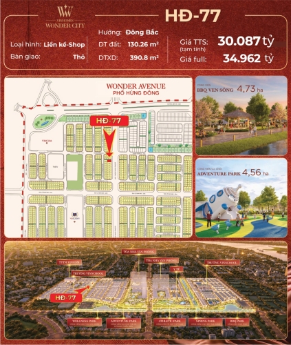 HĐ-77, Liền kề Shop, Bàn giao Thô, Hướng Đông Bắc, Phân khu Hừng Đông, Vinhomes Wonder City