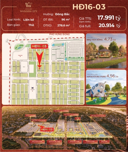 HĐ16-03, Liền kề, Bàn giao Thô, Hướng Đông Bắc, Phân khu Hừng Đông, Vinhomes Wonder City