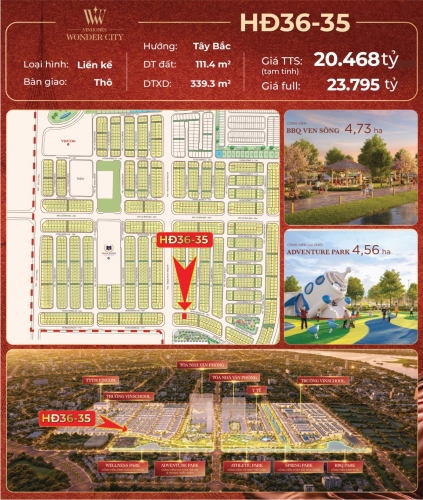 HĐ36-35, Liền kề, Bàn giao Thô, Hướng Tây Bắc, Phân khu Hừng Đông, Vinhomes Wonder City