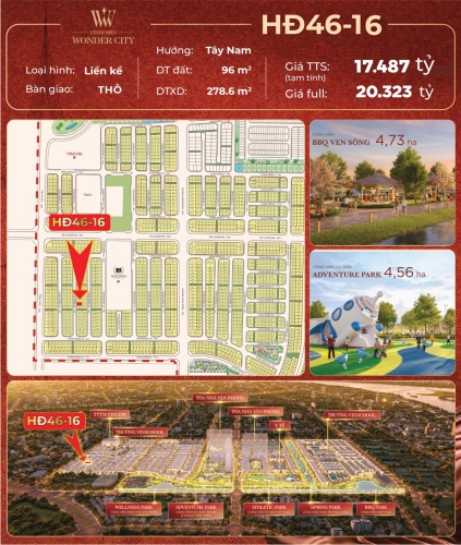 HĐ46-16, Liền kề, Bàn giao Thô, Hướng Tây Nam, Phân khu Hừng Đông, Vinhomes Wonder City
