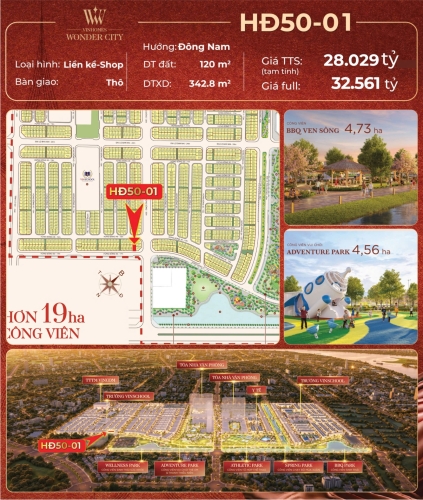 HĐ50-01, Liền kề Shop, Bàn giao Thô, Hướng Đông Nam, Phân khu Hừng Đông, Vinhomes Wonder City