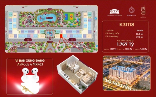 K31118, Căn hộ Studio, Bàn giao tiêu chuẩn Ruby+, Tòa K3, Phân khu KYOTO, Vinhomes Star City
