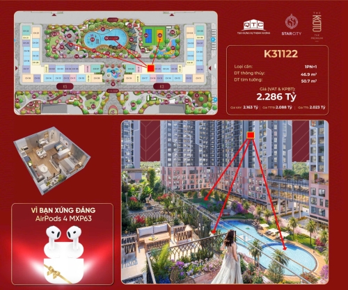 K31122, Căn hộ 1PN+1, Bàn giao tiêu chuẩn Ruby+, Tòa K3, Phân khu KYOTO, Vinhomes Star City