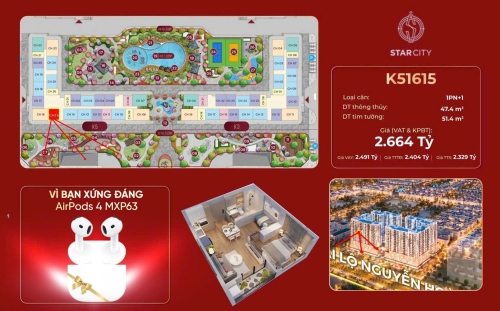 K51615, Căn hộ 1PN+1, Bàn giao tiêu chuẩn Ruby+, Tòa K5, Phân khu KYOTO, Vinhomes Star City