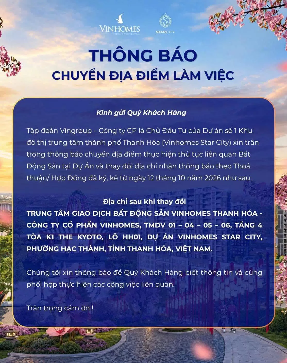 Thông báo chuyển địa điểm làm việc