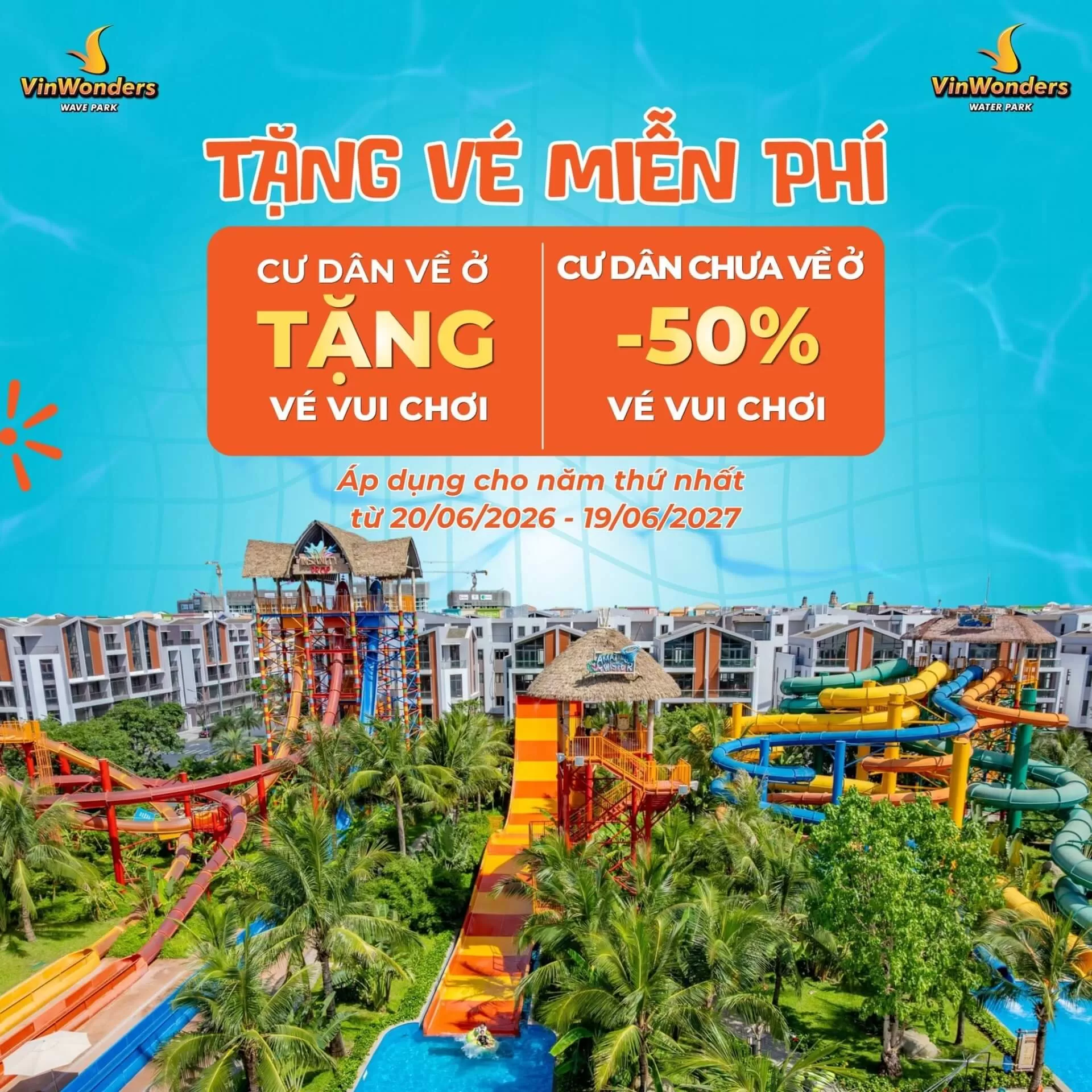 Tặng vé miễn phí - Ưu đãi đến 70% cho cư dân Vinhomes tại VinWonders Wave Park & Water Park