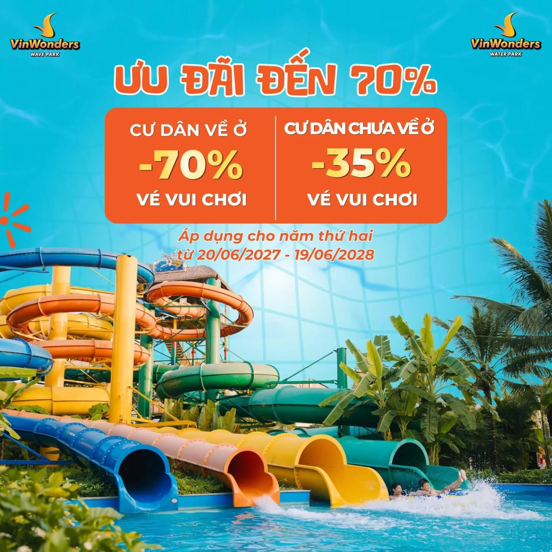 Tặng vé miễn phí - Ưu đãi đến 70% cho cư dân Vinhomes tại VinWonders Wave Park & Water Park