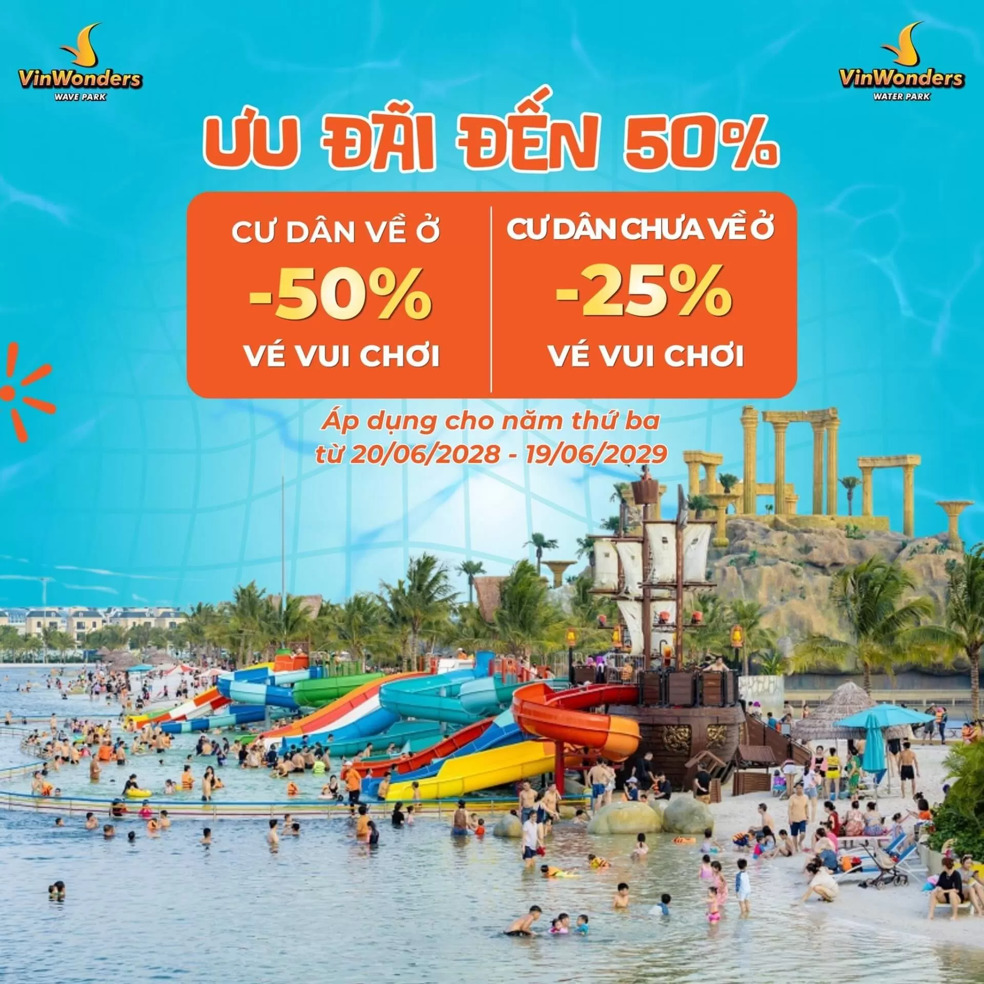 Tặng vé miễn phí - Ưu đãi đến 70% cho cư dân Vinhomes tại VinWonders Wave Park & Water Park